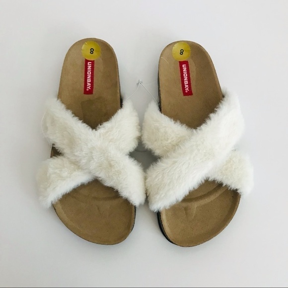 New! Unionbay Faux Fur Cork Crisscross Slip On Slippers Sandals Slides - Picture 3 of 7